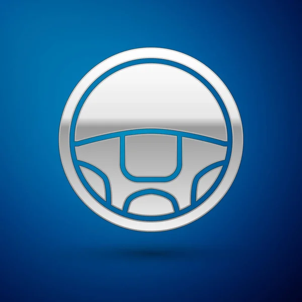 Ασημένιο εικονίδιο τιμονιού απομονώνεται σε μπλε φόντο. Εικονίδιο τροχού αυτοκινήτου. Απεικόνιση διανυσματικών φορέων — Διανυσματικό Αρχείο