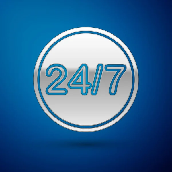 Silver Clock 24 uur pictogram geïsoleerd op blauwe achtergrond. De hele dag cyclisch icoon. 24 uur service symbool. Vector Illustratie — Stockvector