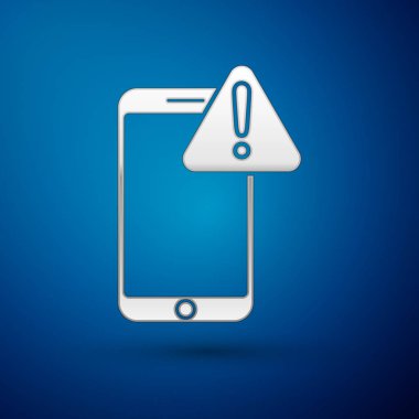 Mavi arka planda ünlem işareti simgesi olan gümüş cep telefonu. Uyarı mesajı akıllı telefon uyarısı. Vektör İllüstrasyonu