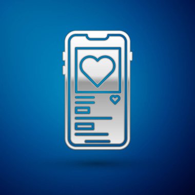 Mavi arka planda kalp ikonu olan gümüş cep telefonu. Sevgililer Günü. Vektör İllüstrasyonu