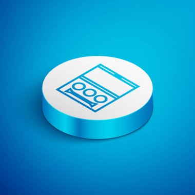 Mavi arkaplanda fırça ikonu olan Isometric çizgili göz farı paleti. Beyaz daire düğmesi. Vektör İllüstrasyonu