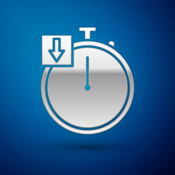 Icono de cronómetro de plata aislado sobre fondo azul. Signo del temporizador. Cronómetro. Ilustración vectorial — Vector de stock