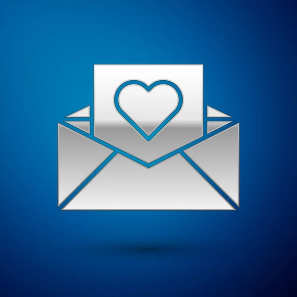 Silver Envelope with Valentine heart icon isolated on blue background. Message love. Letter love and romance. Vector Illustration — 스톡 벡터