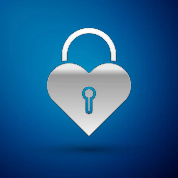 Silberne Burg in Form eines Herzsymbols auf blauem Hintergrund. Verschlossenes Herz. Liebessymbol und Schlüssellochzeichen. Vektorillustration — Stockvektor