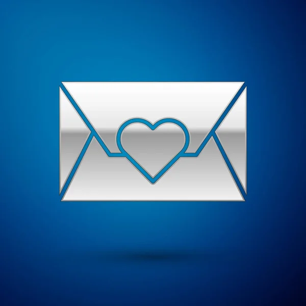 Silver Envelope with Valentine heart icon isolated on blue background. Message love. Letter love and romance. Vector Illustration — Stock Vector