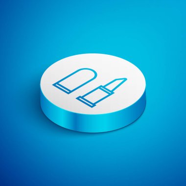 Isometric çizgi ruj simgesi mavi arkaplanda izole edildi. Beyaz daire düğmesi. Vektör İllüstrasyonu