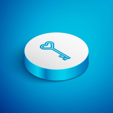 Kalp şeklindeki anahtar mavi arkaplanda izole edilmiş. Sevgililer Günü sembolü. Beyaz daire düğmesi. Vektör İllüstrasyonu