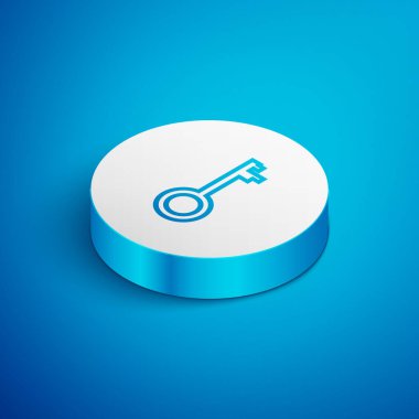 Isometric satır Eski anahtar simgesi mavi arkaplan izole. Beyaz daire düğmesi. Vektör İllüstrasyonu