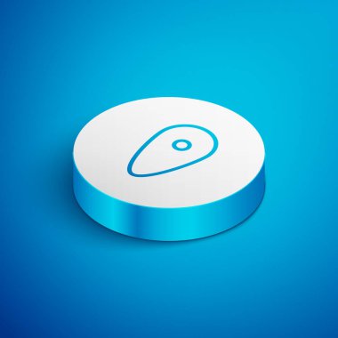 Isometric çizgi kalkanı simgesi mavi arkaplanda izole edildi. Gardiyan. Güvenlik, güvenlik, koruma, gizlilik kavramı. Beyaz daire düğmesi. Vektör İllüstrasyonu