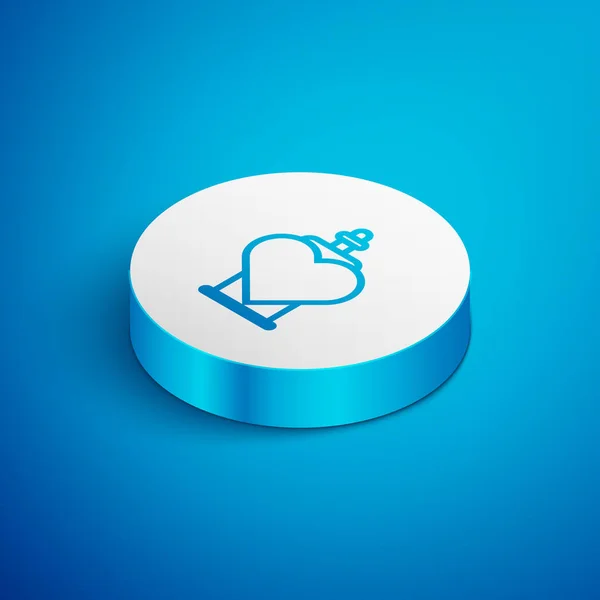 Isometric line Bottle with love potion icon isolated on blue background. Valentines day symbol. White circle button. Vector Illustration — 스톡 벡터