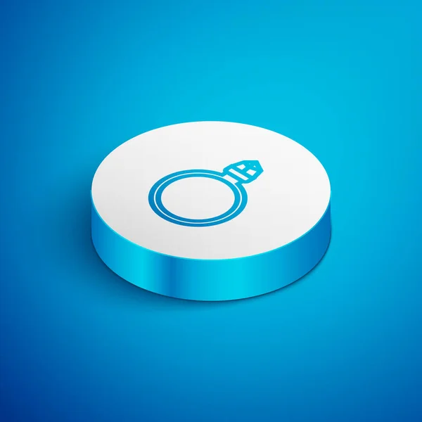 Icono de anillo de compromiso de línea isométrica aislado sobre fondo azul. Botón círculo blanco. Ilustración vectorial — Vector de stock