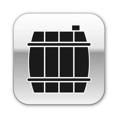 Beyaz arka planda siyah tahta varil ikonu izole edildi. Alkol fıçısı, içki kabı, bira için tahta fıçı, viski, şarap. Gümüş kare düğme. Vektör İllüstrasyonu