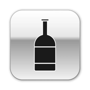 Siyah bira şişesi simgesi beyaz arkaplanda izole edilmiş. Gümüş kare düğme. Vektör İllüstrasyonu