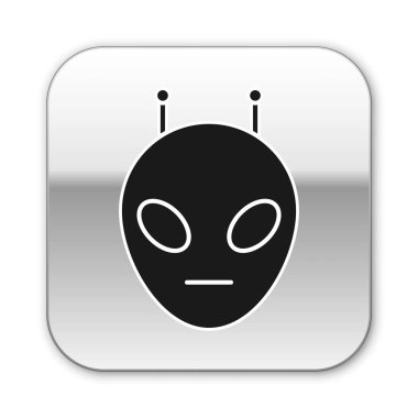 Siyah Alien simgesi beyaz arka planda izole. Dünya dışı uzaylı yüzü veya baş sembolü. Gümüş kare düğme. Vektör İllüstrasyonu