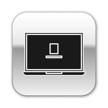 Beyaz arka planda yalıtılmış Siyah Laptop simgesi. Boş ekran işareti olan bilgisayar not defteri. Gümüş kare düğme. Vektör İllüstrasyonu