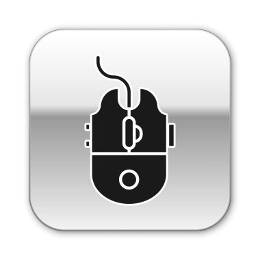 Siyah Bilgisayar faresi oyun simgesi beyaz arkaplanda izole edildi. Tekerlek sembollü optik. Gümüş kare düğme. Vektör İllüstrasyonu