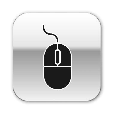 Siyah Bilgisayar fare simgesi beyaz arkaplanda izole edildi. Tekerlek sembollü optik. Gümüş kare düğme. Vektör İllüstrasyonu