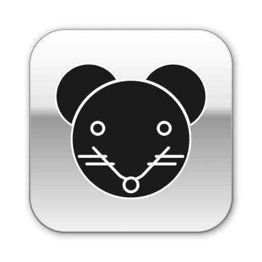 Siyah Sıçan burç simgesi beyaz arka planda izole edildi. Astrolojik yıldız falı koleksiyonu. Gümüş kare düğme. Vektör İllüstrasyonu