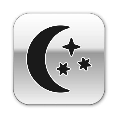 Siyah Ay ve yıldızlar simgesi beyaz arka planda izole. Gümüş kare düğme. Vektör İllüstrasyonu