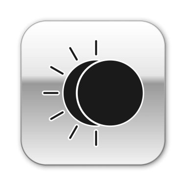 Güneş tutulması simgesi beyaz arkaplanda izole edilmiş. Tam sonar tutulması. Gümüş kare düğme. Vektör İllüstrasyonu