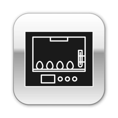 Beyaz arka planda izole edilmiş yumurta ikonu için siyah kuvöz. Gümüş kare düğme. Vektör İllüstrasyonu