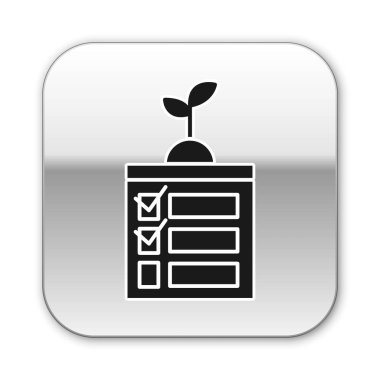 Siyah Akıllı tarım teknolojisi - uygulama simgesindeki zamanlayıcı çiftliği otomasyon sistemi beyaz arka planda izole edildi. Gümüş kare düğme. Vektör İllüstrasyonu