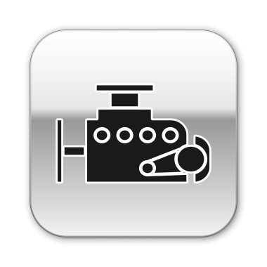 Siyah araba motoru simgesi beyaz arkaplanda izole edildi. Gümüş kare düğme. Vektör İllüstrasyonu