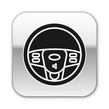 Siyah Direksiyon simgesi beyaz arka plan üzerinde izole. Araba tekerleği simgesi. Gümüş kare düğme. Vektör İllüstrasyonu