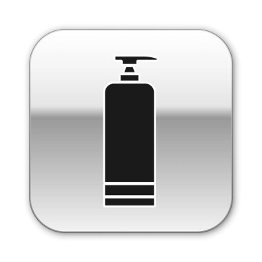 Beyaz arka planda siyah krem ya da losyon kozmetik tüp ikonu var. Erkekler için vücut bakım ürünleri. Gümüş kare düğme. Vektör İllüstrasyonu