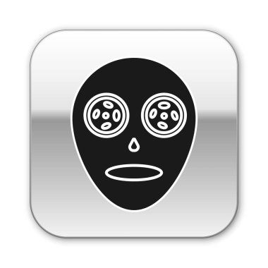 Siyah Yüz Kozmetik Maskesi simgesi beyaz arkaplanda izole edildi. Kozmetoloji, ilaç ve sağlık hizmetleri. Gümüş kare düğme. Vektör İllüstrasyonu