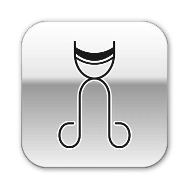 Siyah kirpik bigudi simgesi beyaz arkaplanda izole edilmiş. Makyaj aleti işareti. Gümüş kare düğme. Vektör İllüstrasyonu