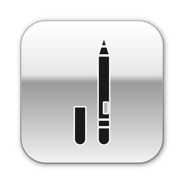 Siyah göz kalemi, beyaz arka planda izole edilmiş kaş ikonu. Gözler için kalem. Gümüş kare düğme. Vektör İllüstrasyonu