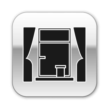 Beyaz arka planda izole edilmiş oda simgesinde perdeleri olan siyah pencere. Gümüş kare düğme. Vektör İllüstrasyonu