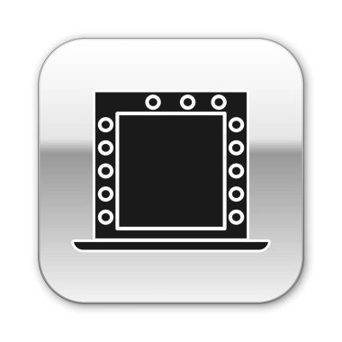 Beyaz zemin üzerinde ışık simgesi olan siyah makyaj aynası. Gümüş kare düğme. Vektör İllüstrasyonu