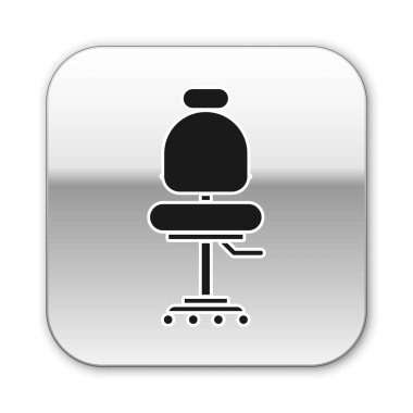 Siyah ofis koltuğu simgesi beyaz arkaplanda izole edildi. Gümüş kare düğme. Vektör İllüstrasyonu