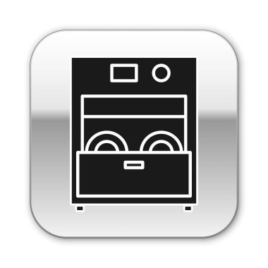 Siyah Mutfak bulaşık makinesi simgesi beyaz arka planda izole edilmiş. Gümüş kare düğme. Vektör İllüstrasyonu