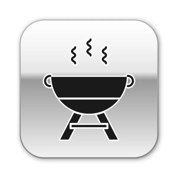 Ícone de churrasqueira preto isolado no fundo branco. Festa de churrasco. Botão quadrado de prata. Ilustração vetorial —  Vetores de Stock