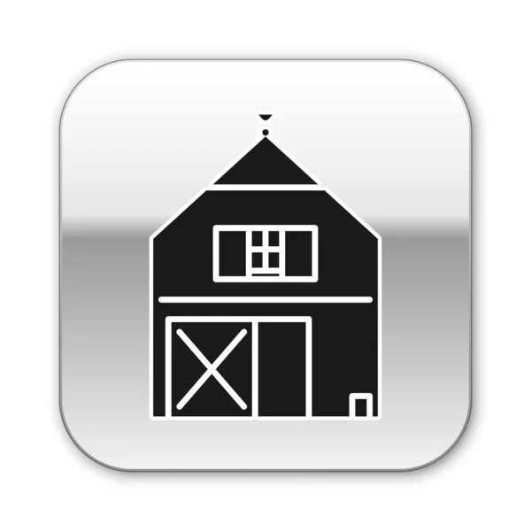 Siyah Çiftlik Evi konsept simgesi beyaz arka planda izole edildi. Kırsal çiftlik manzarası. Gümüş kare düğme. Vektör İllüstrasyonu — Stok Vektör