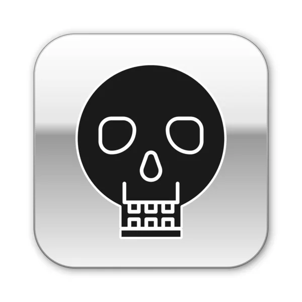Schwarzes Totenkopf-Symbol isoliert auf weißem Hintergrund. fröhliche Halloween-Party. Silberner quadratischer Knopf. Vektorillustration — Stockvektor