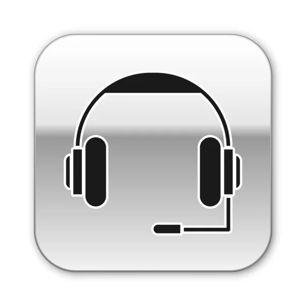 Icono de auriculares negros aislado sobre fondo blanco. Auriculares. Concepto para escuchar música, servicio, comunicación y operador. Botón cuadrado plateado. Ilustración vectorial — Archivo Imágenes Vectoriales