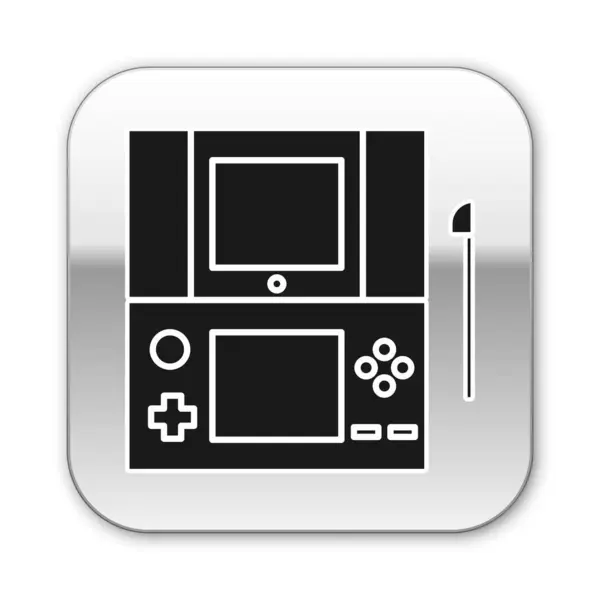 Schwarze tragbare Videospielkonsole Symbol isoliert auf weißem Hintergrund. Gamepad-Zeichen. Spielkonzept. Silberner quadratischer Knopf. Vektorillustration — Stockvektor