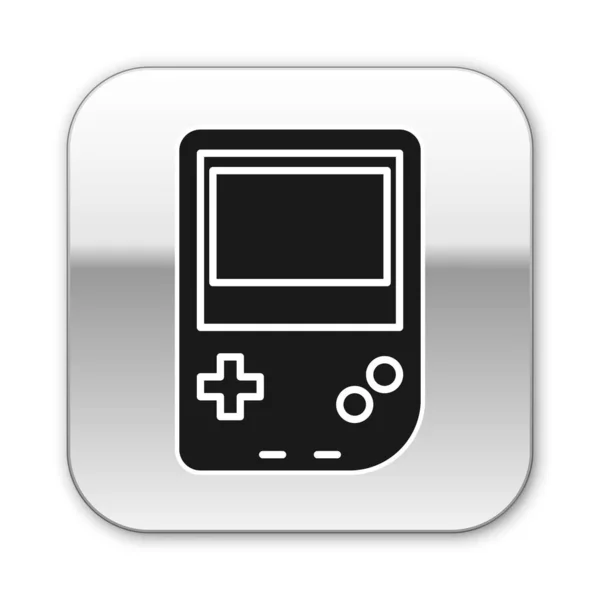 Ícone de console de videogame portátil preto isolado em fundo branco. Sinal do Gamepad. Conceito de jogo. Botão quadrado de prata. Ilustração vetorial — Vetor de Stock