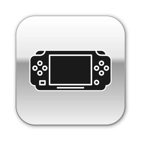 Fekete hordozható videojáték konzol ikon elszigetelt fehér alapon. Gamepad jel. Játékkoncepció. Ezüst négyzet gomb. Vektorillusztráció — Stock Vector