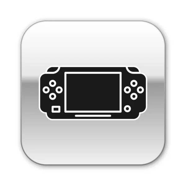 Zwart Draagbare video game console pictogram geïsoleerd op witte achtergrond. Gamepad bord. Gokconcept. Zilveren vierkante knop. Vector Illustratie — Stockvector