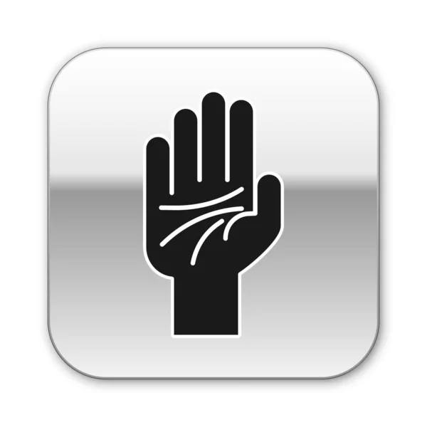 Zwarte Palmistry van de hand pictogram geïsoleerd op witte achtergrond. Zilveren vierkante knop. Vector Illustratie — Stockvector