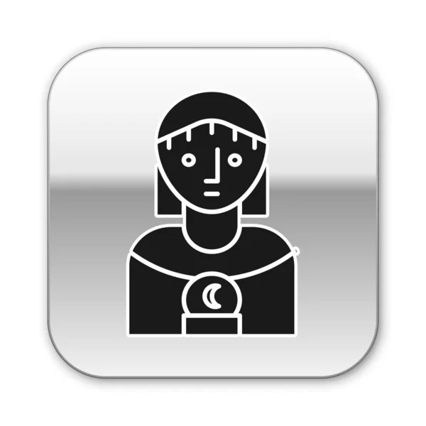 Negro Astrología mujer icono aislado sobre fondo blanco. Botón cuadrado plateado. Ilustración vectorial — Vector de stock