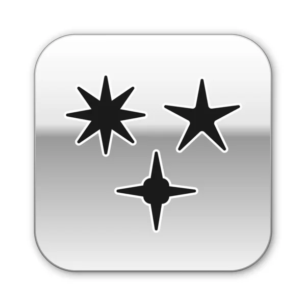 Icône étoile noire tombante isolée sur fond blanc. Météoroïde, météorite, comète, astéroïde, étoile icône. Bouton carré argenté. Illustration vectorielle — Image vectorielle