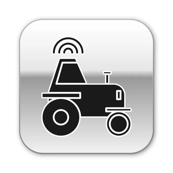 Siyah Self beyaz arka planda izole edilmiş akıllı bir çiftlik ikonu üzerinde kablosuz traktör kullanıyor. Akıllı tarım elementi uygular. Gümüş kare düğme. Vektör İllüstrasyonu — Stok Vektör