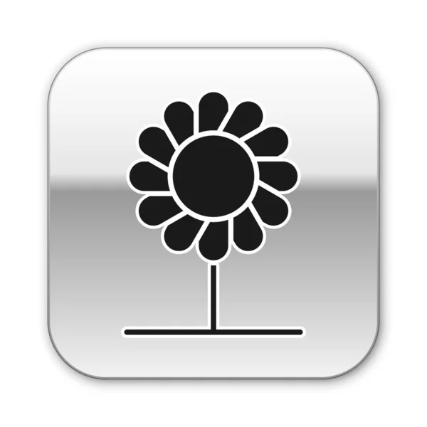 Schwarzes Blumensymbol isoliert auf weißem Hintergrund. Silberner quadratischer Knopf. Vektorillustration — Stockvektor
