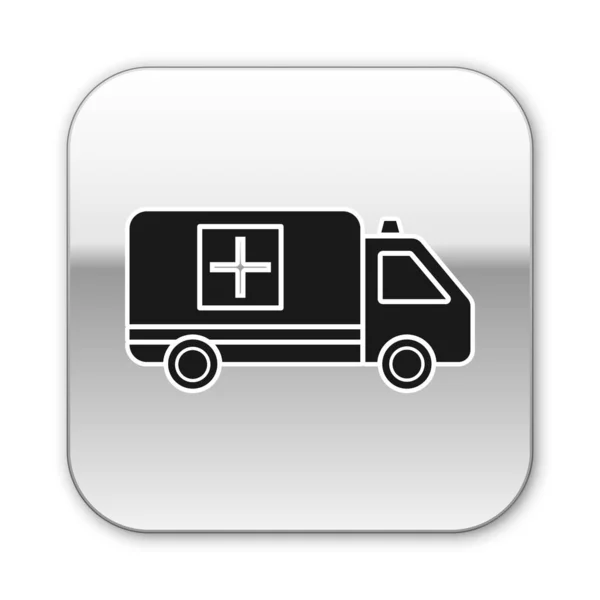 Ambulância preta e ícone de carro de emergência isolado no fundo branco. Evacuação médica do veículo de ambulância. Botão quadrado de prata. Ilustração vetorial — Vetor de Stock